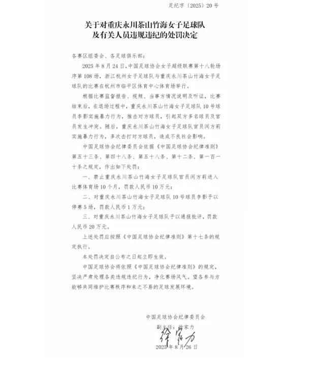 中国足协重罚：多人被禁赛、罚款