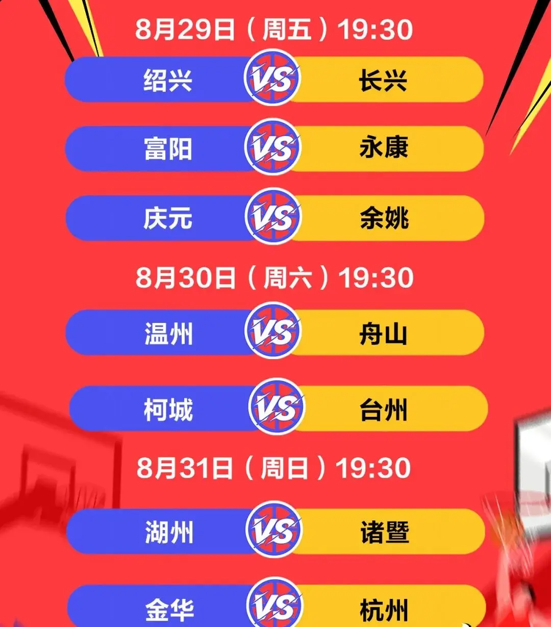 “浙BA”城市争霸赛，周末有7场对决