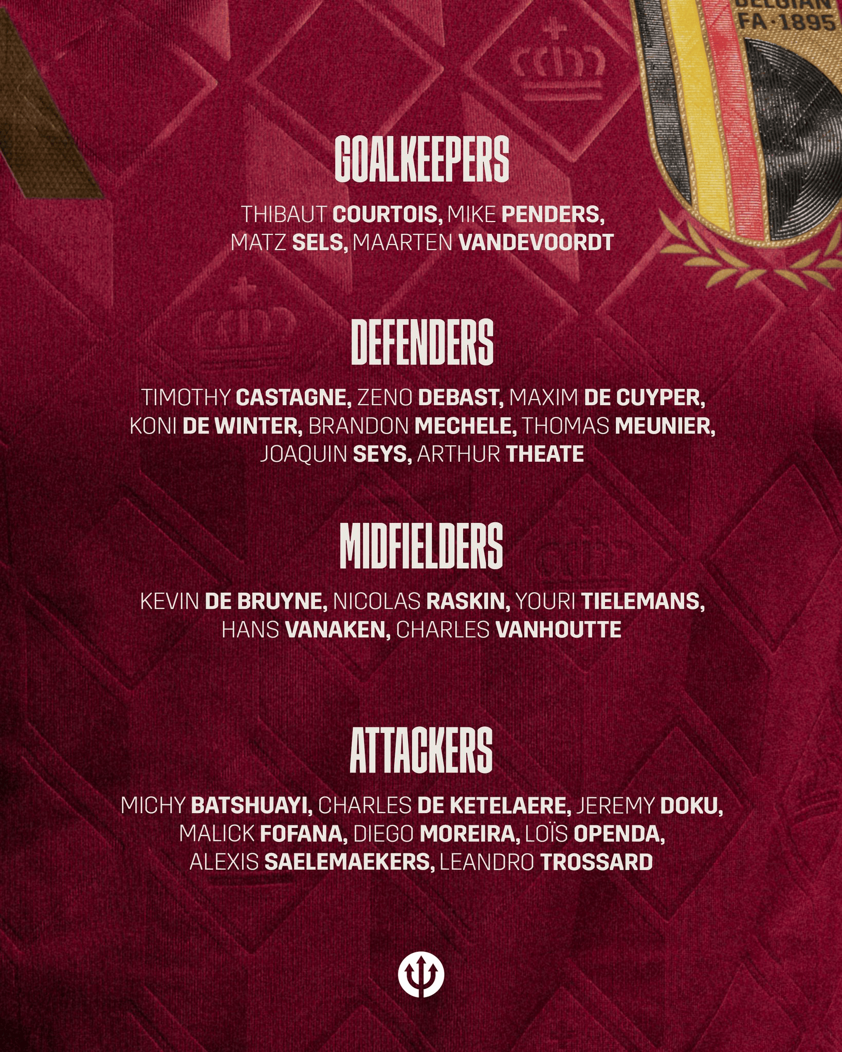 比利时名单：德布劳内领衔，库尔图瓦、多库、特罗萨德在列