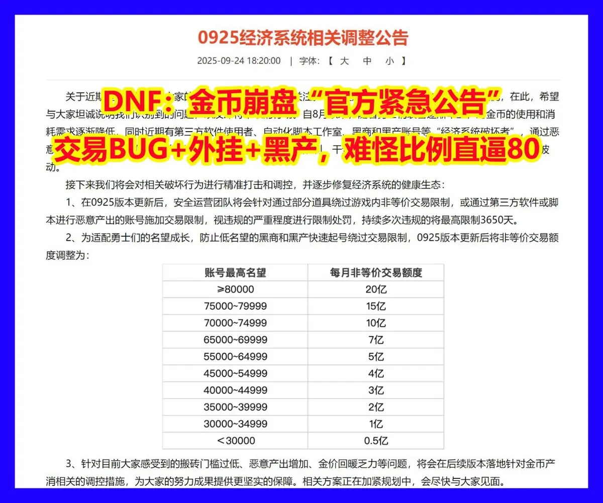 DNF：金币崩盘“官方紧急公告”！交易BUG+外挂+黑产，难怪比例80
