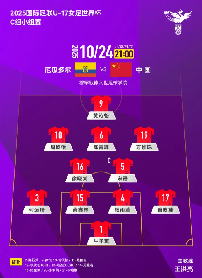 打平即出线！U17女足世界杯：中国VS厄瓜多尔首发：轮换4人+双后腰