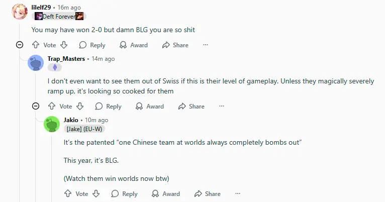 海外网友热议BLG击败VKS：今年S赛最糟糕的BO3！2队都该被淘汰