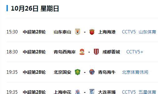 央视直播中超28轮，泰山VS海港，开球时间有变，申花蓉城同日开赛