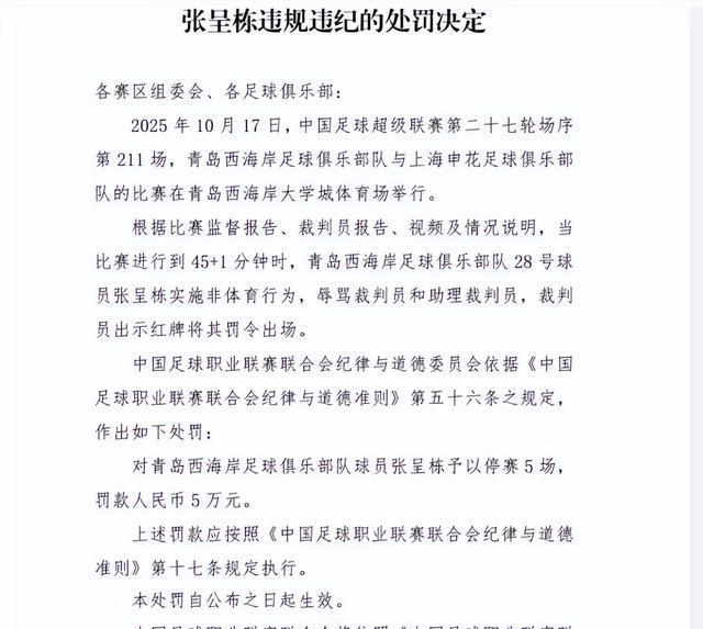 中足联开出重磅处罚！张呈栋停赛5场，罚款5万，能治好暴脾气吗？