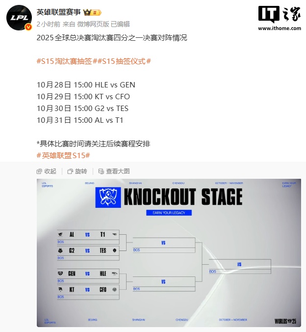 《英雄联盟》S15 四分之一决赛抽签公布：TES 对 G2，AL 对 T1