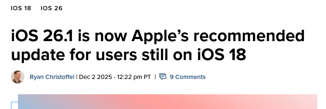 iOS 26.1取代旧版成首推更新，用户升级需手动确认