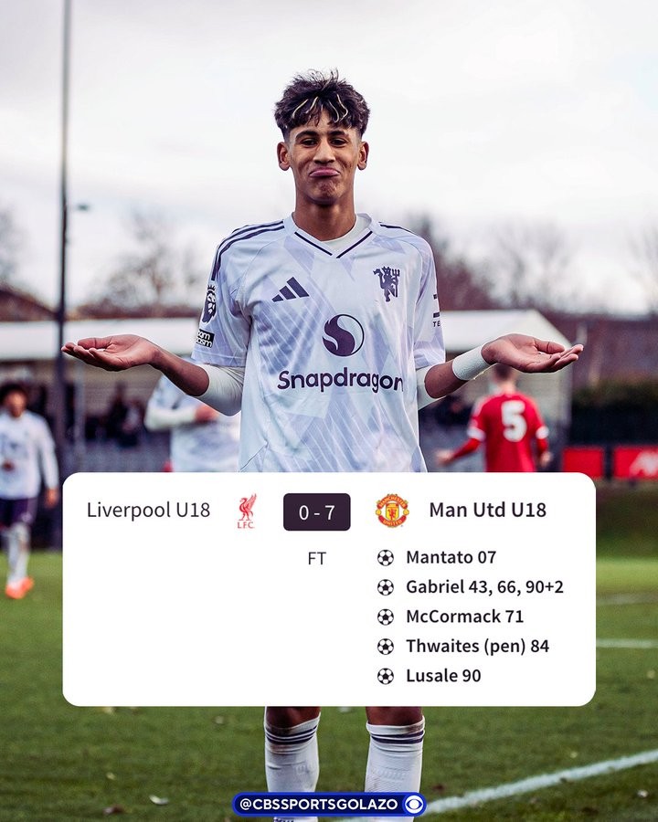 曼联U18客场7-0击败利物浦U19，15岁小将JJ-加布里埃尔戴帽
