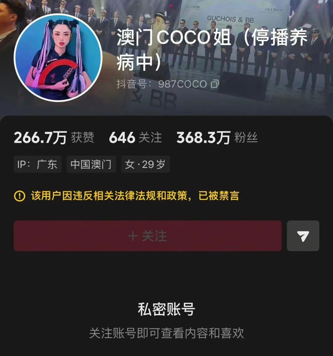 300多万粉丝网红“澳门COCO姐”多平台被封禁，抖音：违反相关法律法规和政策，被禁言