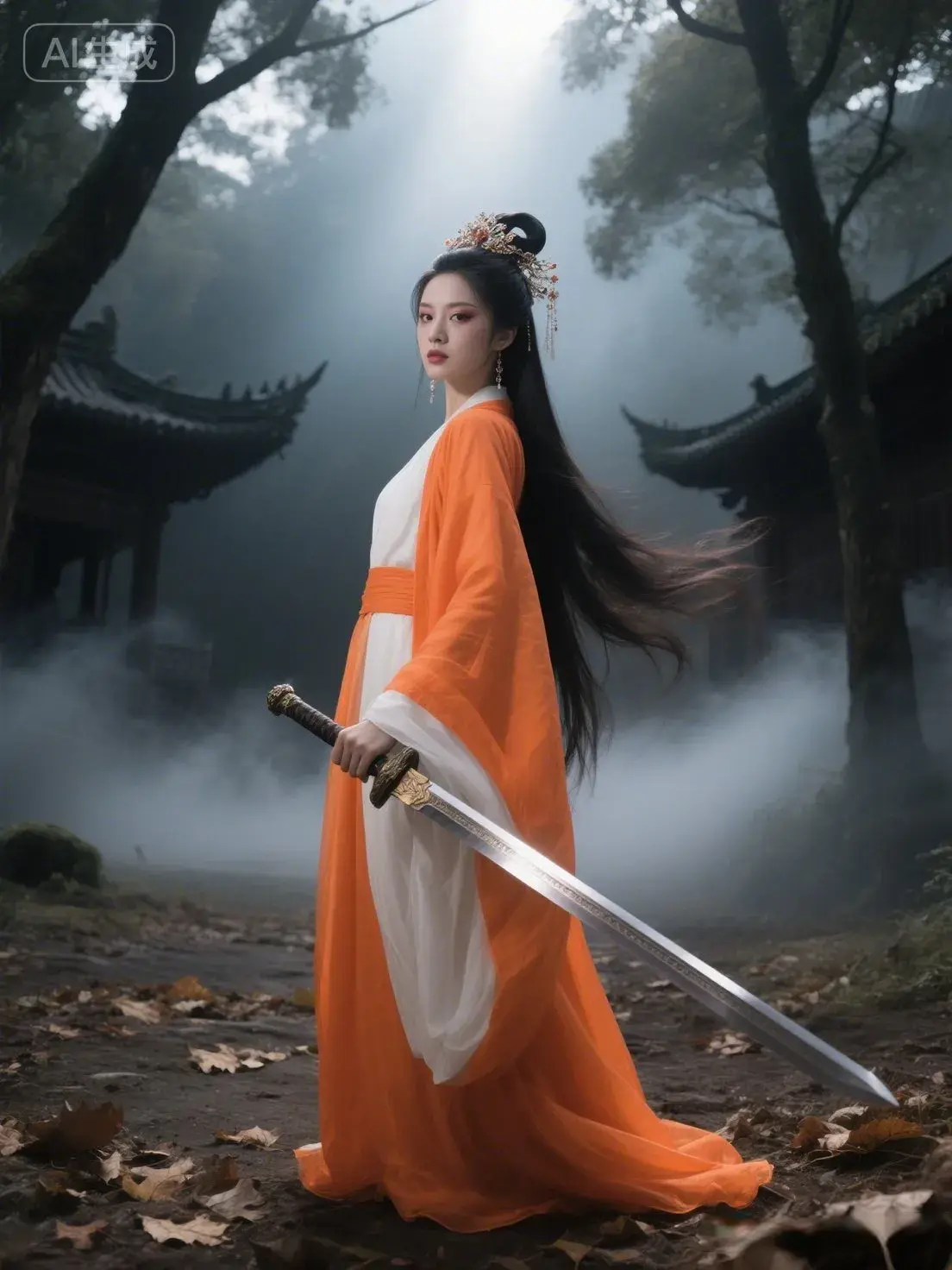 《古风武侠剧女主既视感!橙纱、长剑、雾绕古宅，飒到心颤》