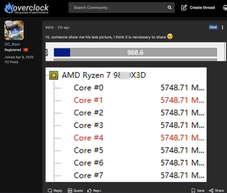 AMD 9850X3D实测曝光：全8核均可超频至5.7GHz