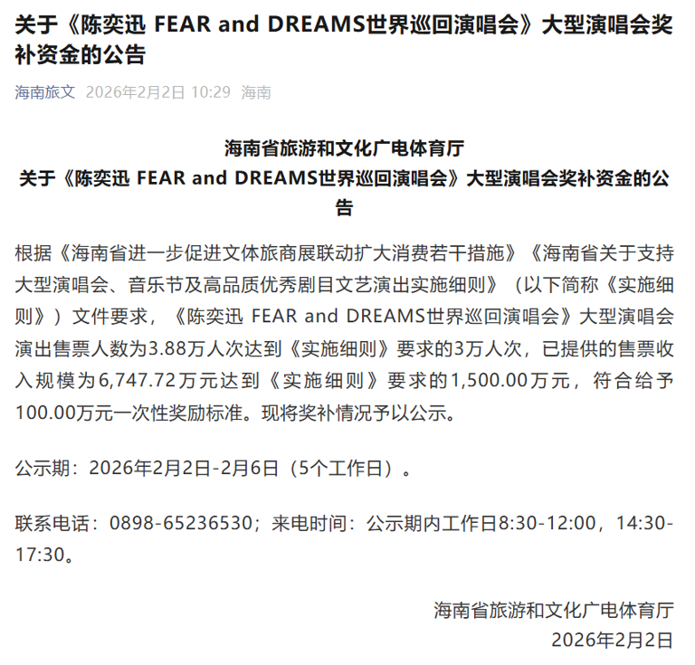 海南：奖励陈奕迅100万元，张学友50万元