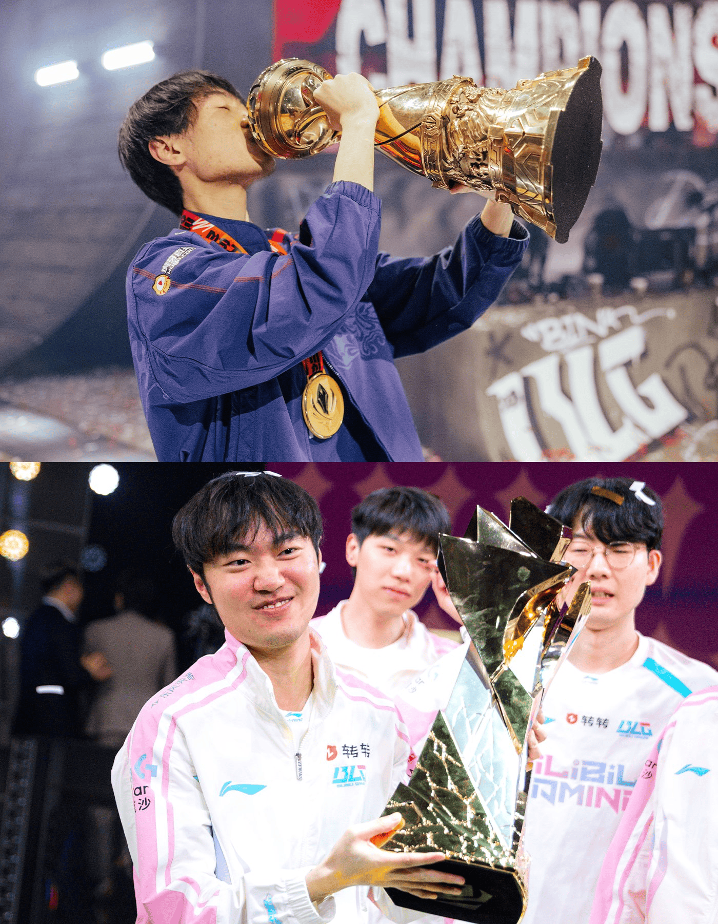 LOL官推分享Bin和Knight两次捧杯照：先锋赛和MSI双料冠军
