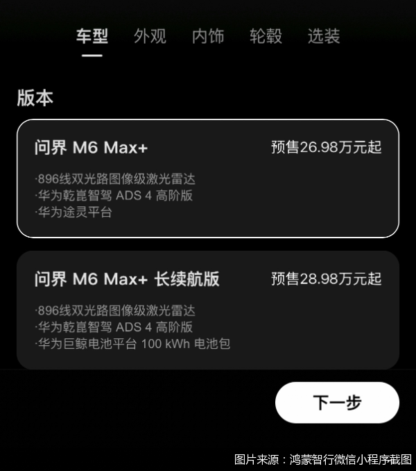 图片来源：鸿蒙智行微信小程序截图