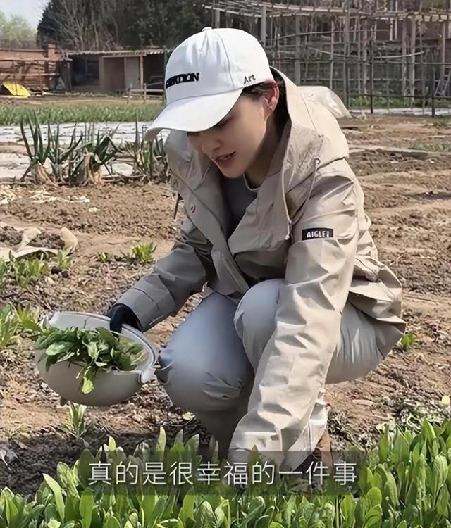 梅婷现身北京别墅菜园摘菜，2000多块外套穿出少女感，这哪是50岁