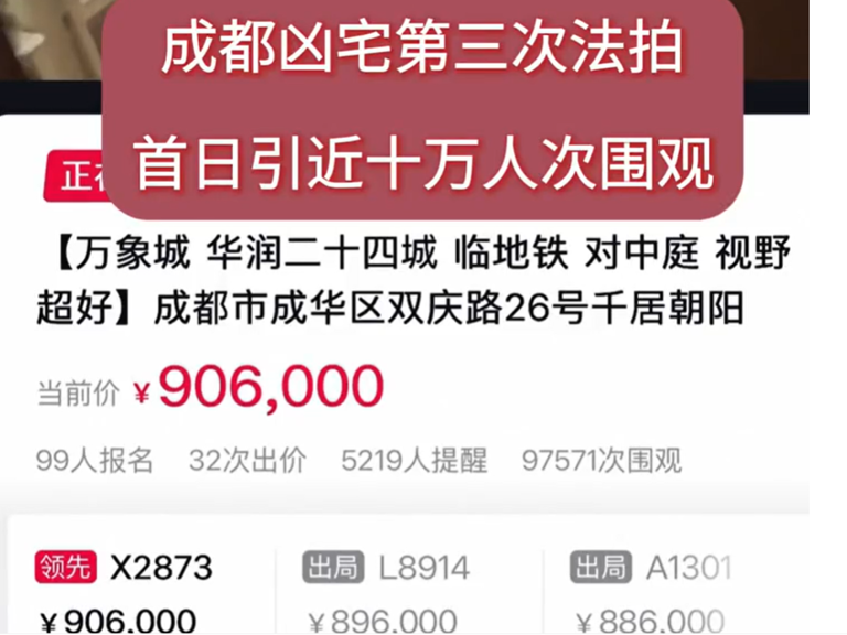 成都凶宅第三次法拍，首日引近十万人次围观 32次竞价，一竞买方出价90.6万元暂领先