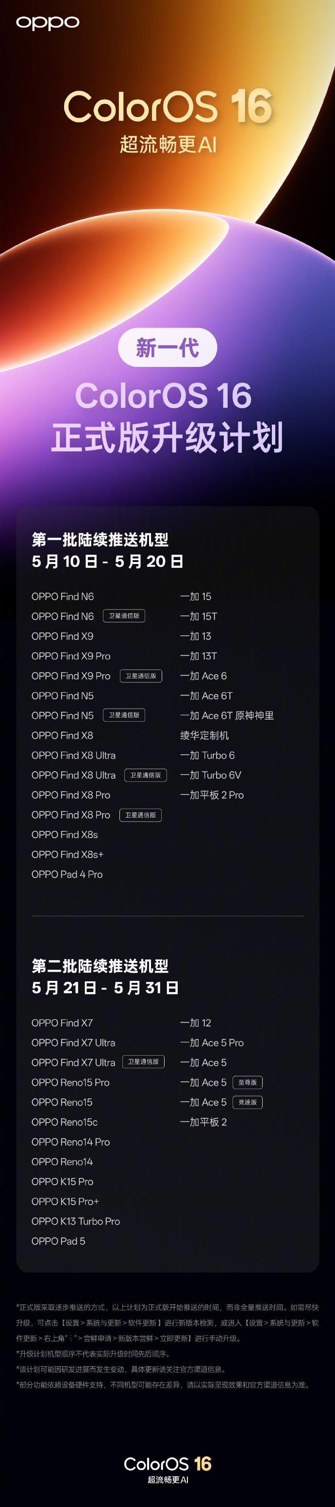 新一代ColorOS 16更新计划公布：首批5月10日推送
