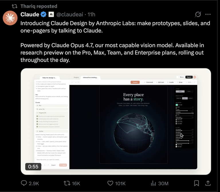 Anthropic 发布 Claude Design，一句话生成 UI，设计圈变天了