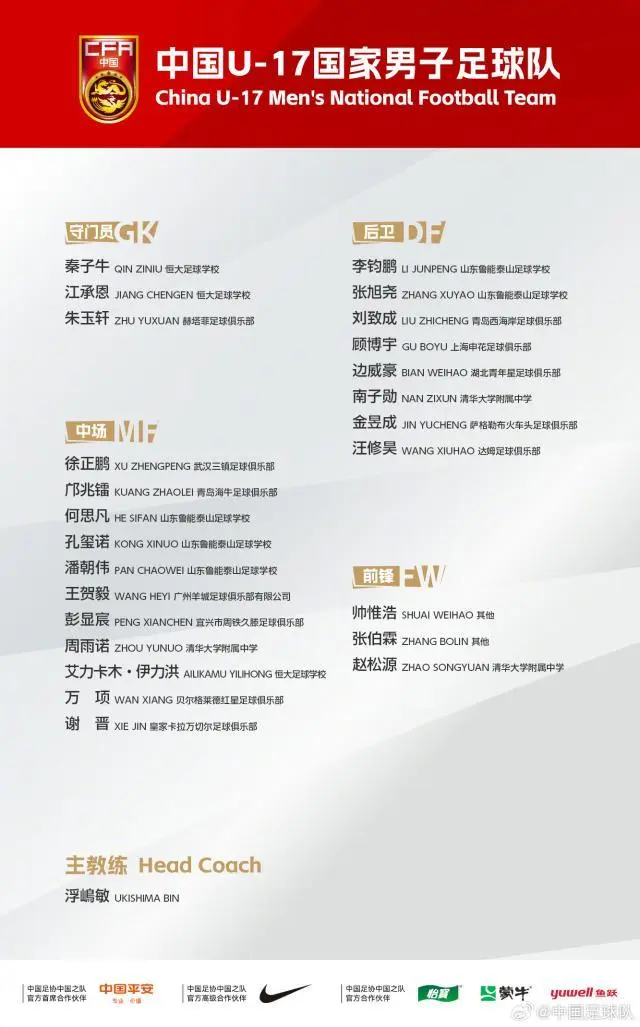 U17国少亚洲杯名单：万项邝兆镭帅惟浩赵松源领衔
