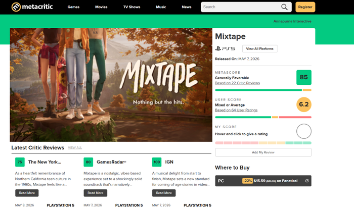 IGN满分、Gamespot 9分：《Mixtape》媒体评分汇总
