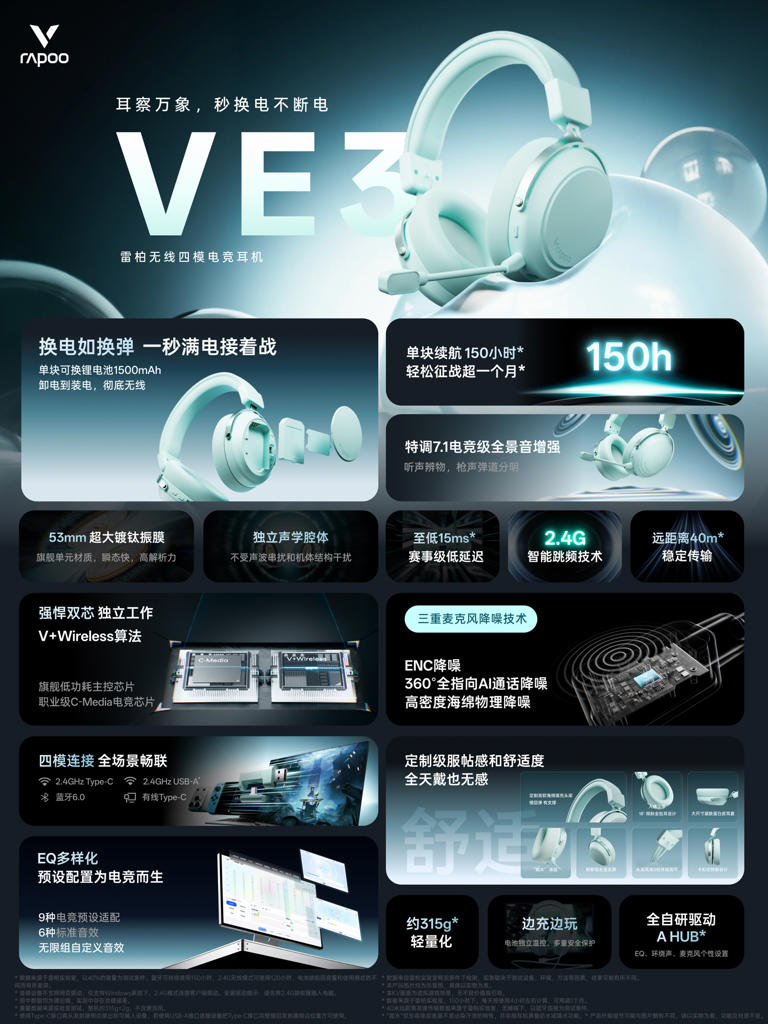 雷柏推出 VE3 电竞耳机：可换电池设计，首发 199 元