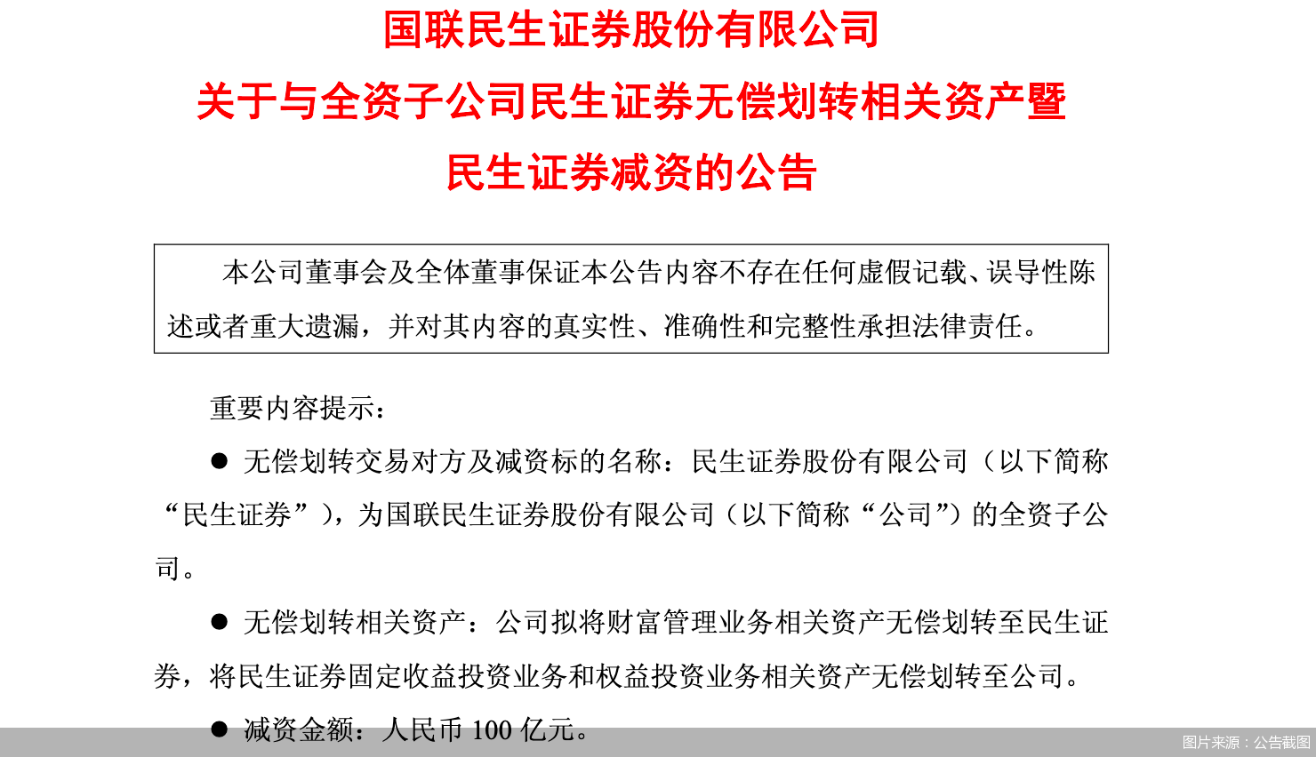 国联民生：拟减少民生证券注册资本100亿元，并向其无偿划转财富管理业务
