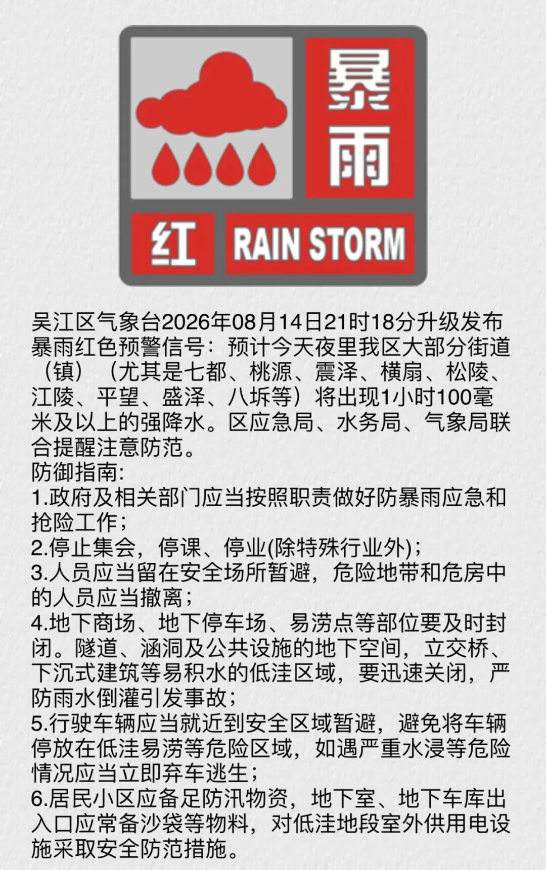 吴江区、吴中区升级发布暴雨红色预警!