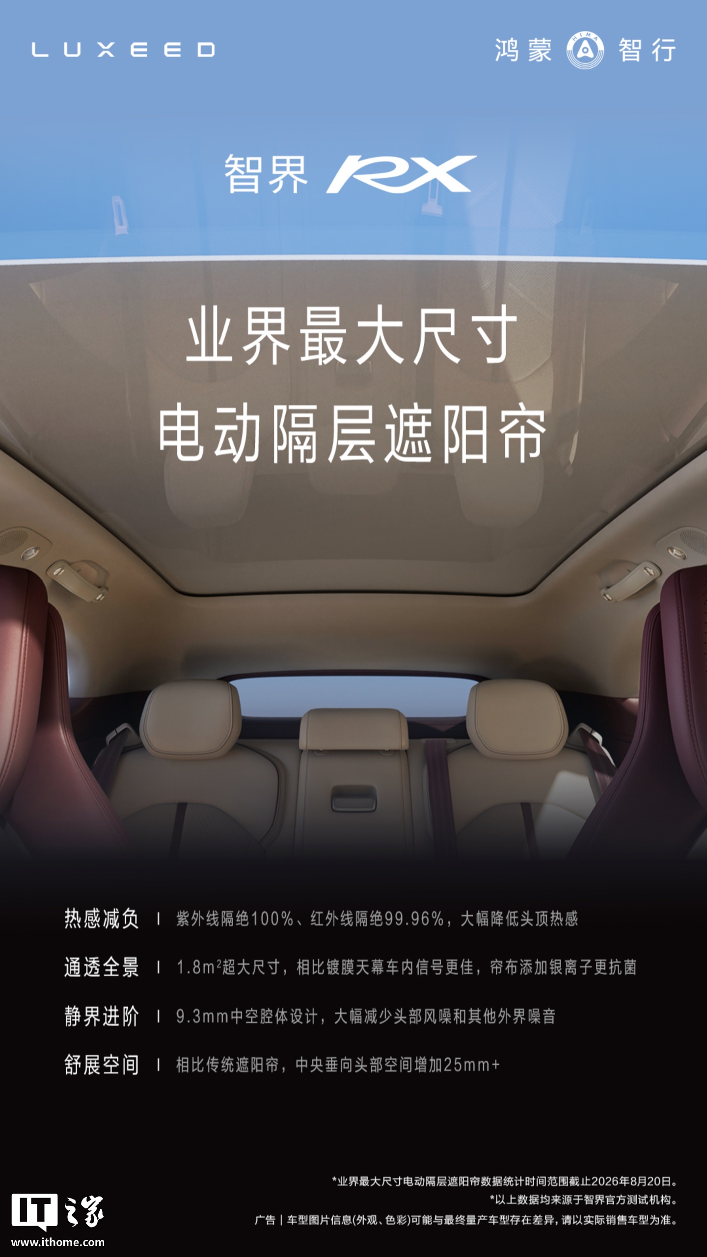 鸿蒙智行智界 RX 官宣搭载 1.8m² 业界最大尺寸电动隔层遮阳帘