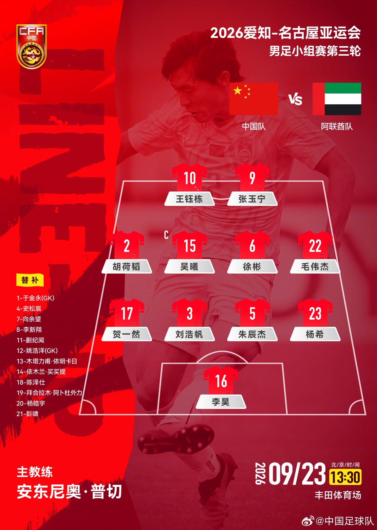 首发不变!U23国足vs阿联酋阵型：沿用442，王钰栋、张玉宁双前锋