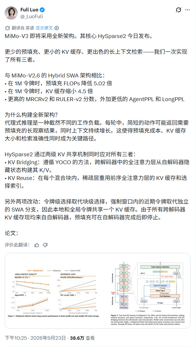 MiMo-V3 即将换代：小米新架构 HySparse2 发布