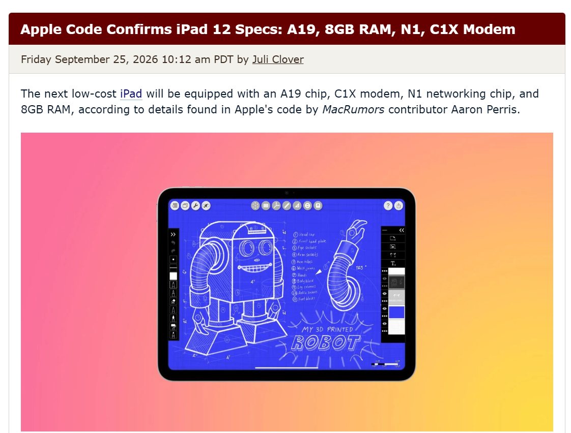 苹果代码确认 iPad 12 规格：搭载 A19 芯片、8GB 内存